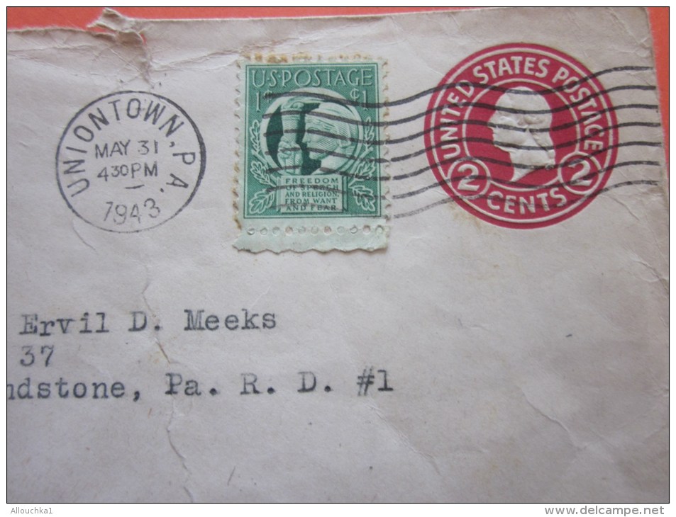 31/5/1943 Letter Cover Entier Postaux+ Timbre Rajouté UNIONTOWN USA États-Unis United States Of America&gt;to Grindstone - 1901-20