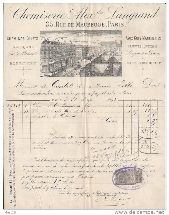 Facture Lettre 1892 LANGRAND Rue Maubeuge Paris - Gilet - Textile & Vestimentaire