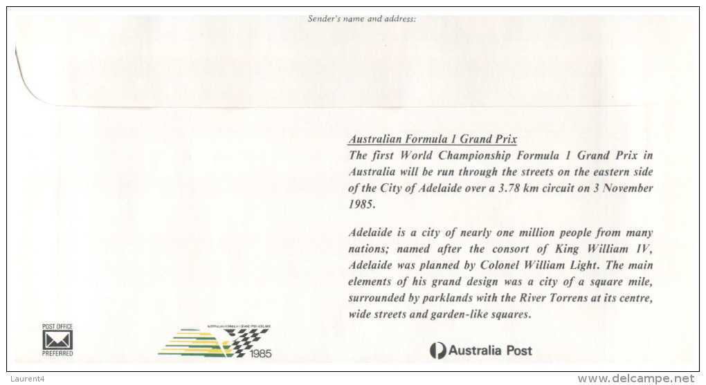 (452) Australia Adelaide Grand Prix FDC Cover - 1985 - 4 Covers - Premiers Vols