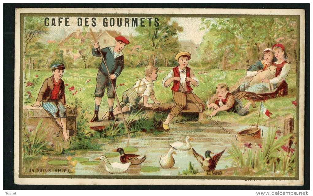 Café En Grains Trébucien, Chromo Lith. J. Minot VM3-75, Thème Enfants, Pêche, Jeux, Canard, étang, Un Futur Amiral - Tea & Coffee Manufacturers