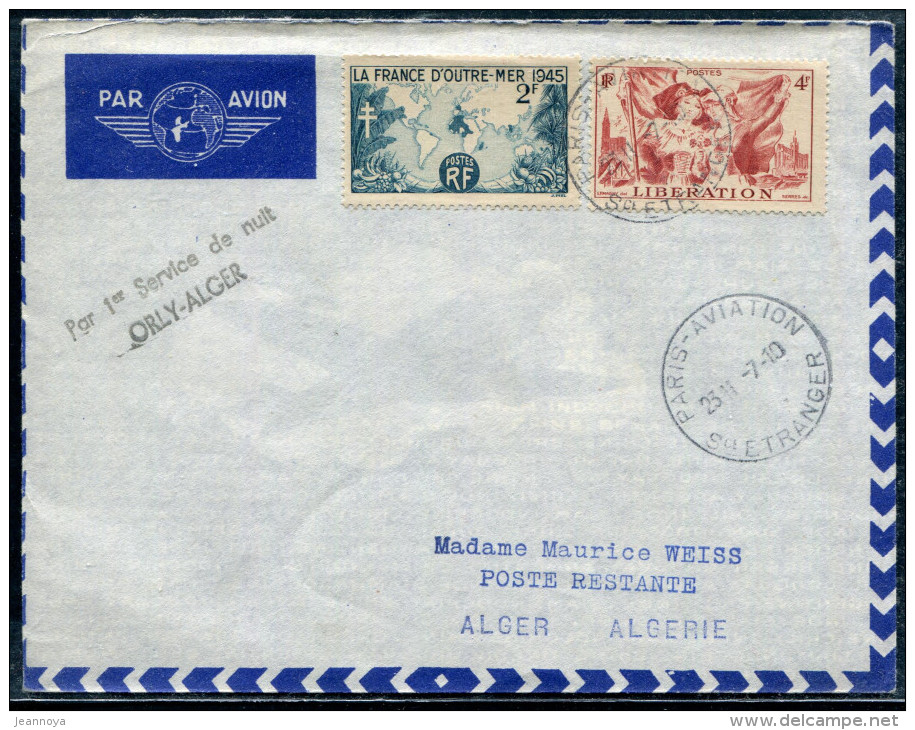 FRANCE - N° 739 + 741 / LETTRE AVION DE PARIS LE 7/10/1947, 1er SERVICE DE NUIT ORLY ALGER  - TB - Premiers Vols