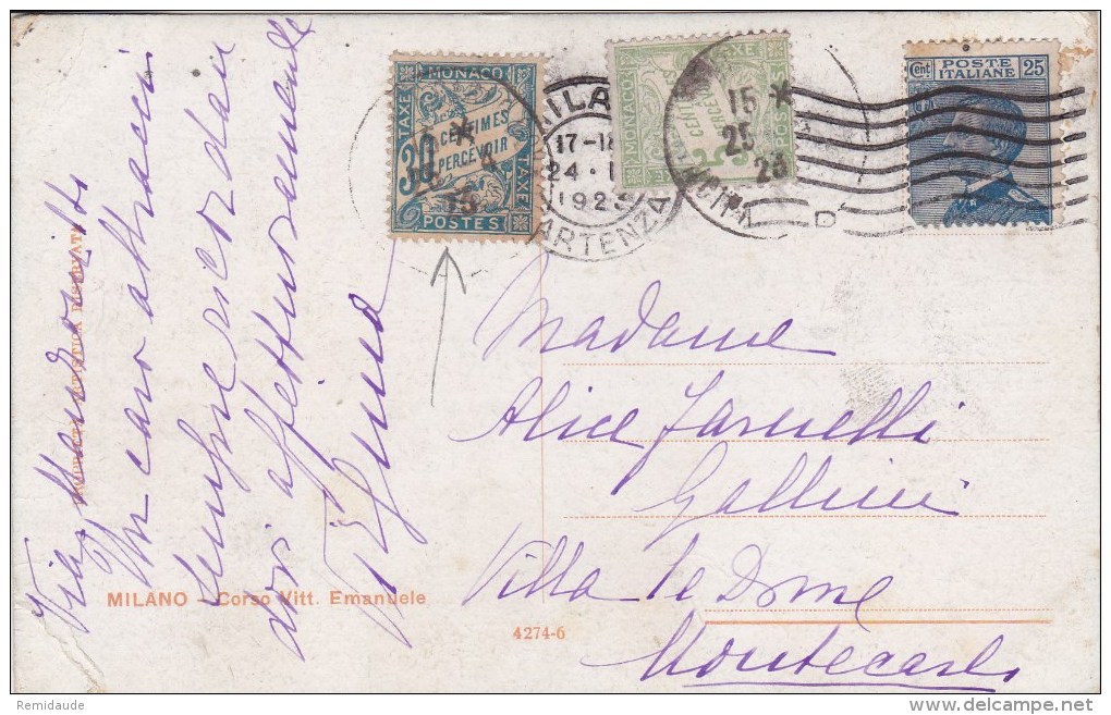 MONACO / ITALIE - 1923 - CARTE De MILANO Pour MONTE CARLO Avec TAXE MONEGASQUE - Poststempel