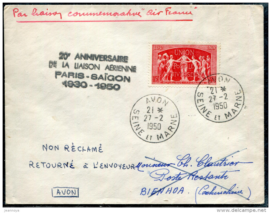 FRANCE - N° 849 / LETTRE AVION D'AVON LE 27/2/1950, 20éme ANNIVERSAIRE LIAISON AERIENNE PARIS SAIGON - TB - Premiers Vols