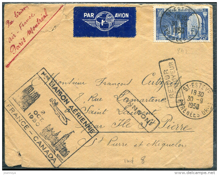 FRANCE - N° 888 / LETTRE AVION ST ESTEVE LE 30/9/1950, POUR ST PIERRE & MIQUEL, 1ére LIAISON AERIENNE FRANCE CANADA - TB - Premiers Vols