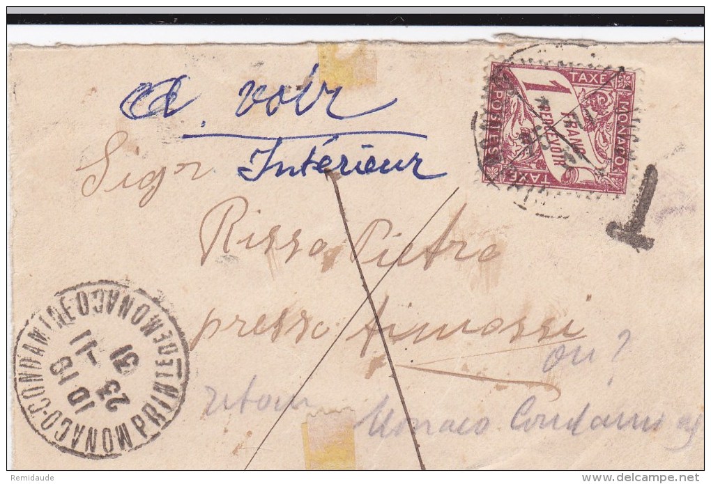 MONACO - 1931 - DEVANT DE LETTRE De MONACO CONDAMINE SANS TIMBRE Pour DESTINATION INCONNUE => RETOUR + TAXE - Postmarks