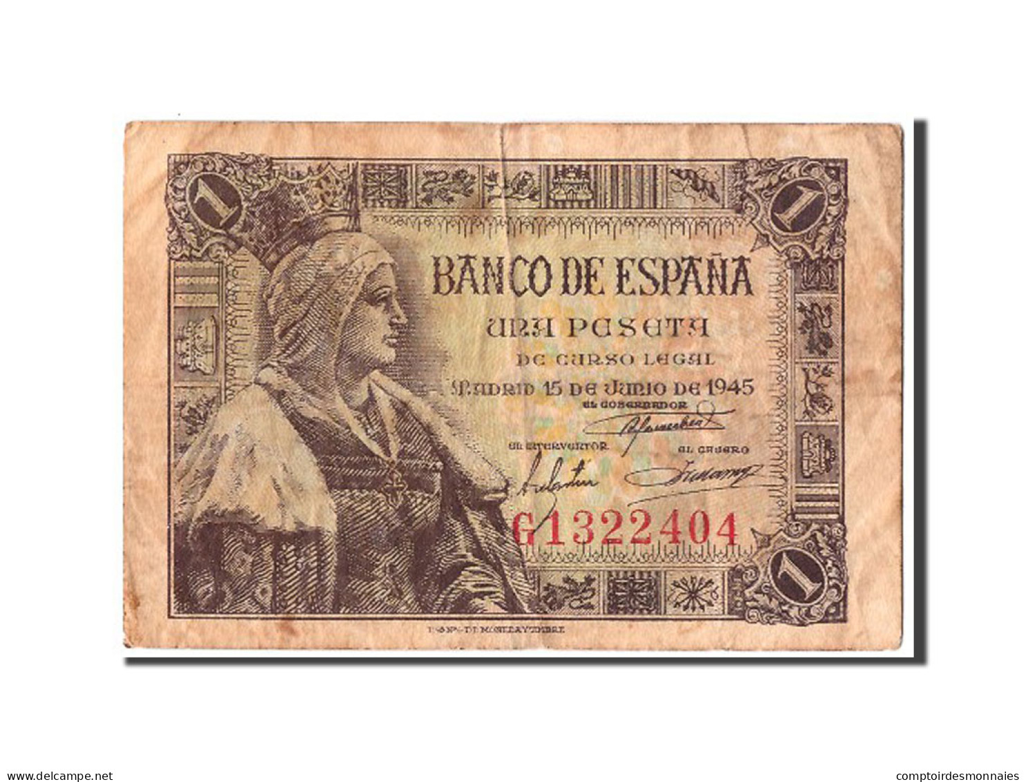 Billet, Espagne, 1 Peseta, 1945, 1945-06-15, TTB - 1-2 Pesetas