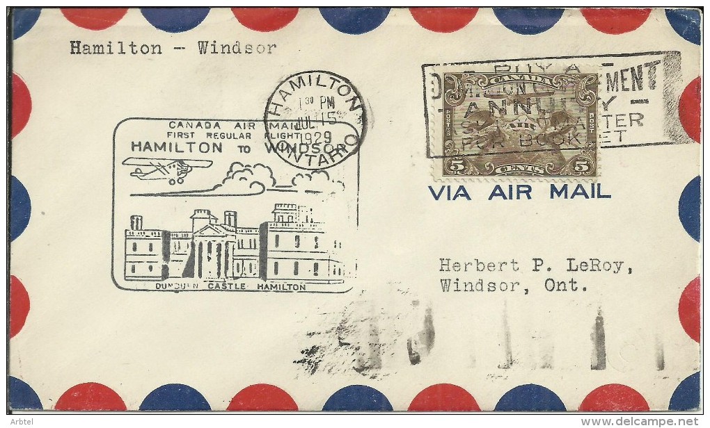 CANADA PRIMER VUELO 1929 HAMILTON WINDSOR  AL DORSO MAT LLEGADA - Poste Aérienne