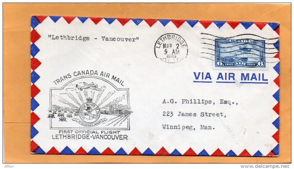 Lethbridge Vancouver 1939 Air Mail Cover - Premiers Vols