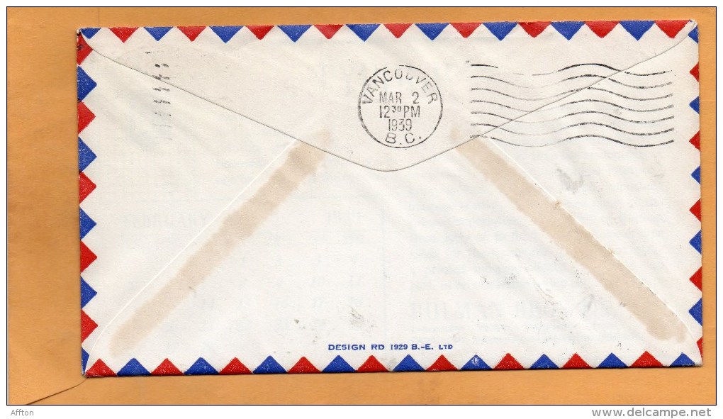 Lethbridge Vancouver 1939 Air Mail Cover - Erst- U. Sonderflugbriefe