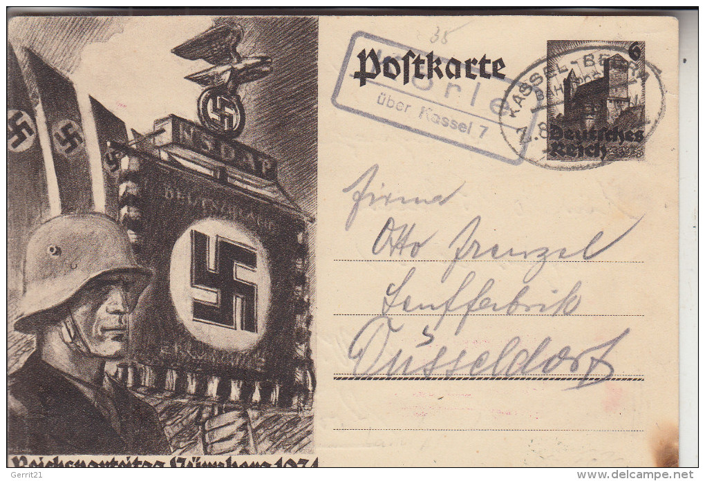 3501 KÖRLE, Landpoststempel "Körle über Kassel 7" & Bahnpoststempel "Cassel-Bebra, GA 1934, Kl. Brandfleck - Homberg