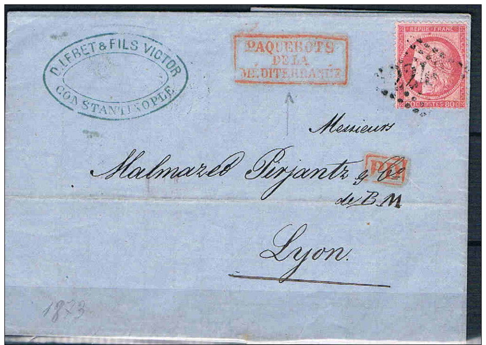 FRANCE MARCOPHILIE   Lettre Transportée Par Le Paquebot  De La Méditerranée 1873 - 1849-1876: Période Classique