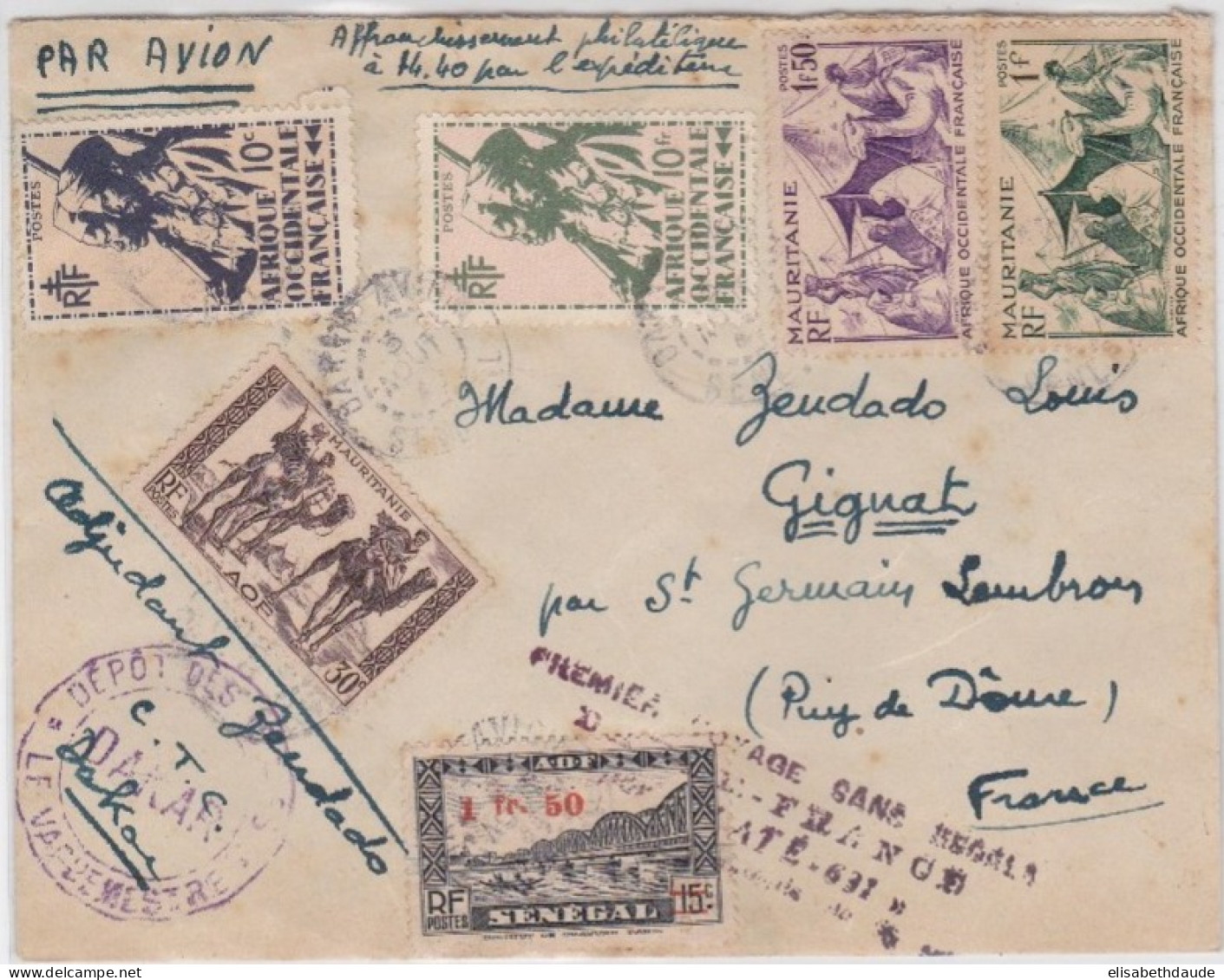 1945 - ENVELOPPE FM De DAKAR (SENEGAL) Pour GIGNAT Avec MARQUE "1° VOYAGE SANS ESCALE DAKAR - FRANCE PAR LATE 631" - Cartas & Documentos