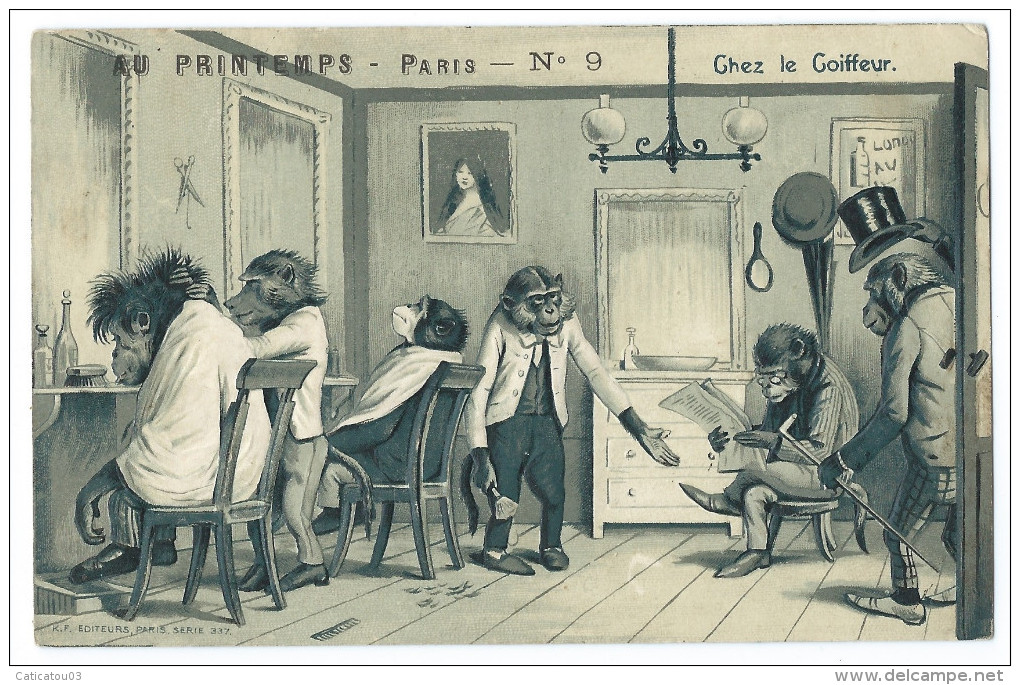 Singes Humanisés Dans Un Salon De Coiffure - "Chez Le Coiffeur" - Carte Gaufrée - Singes