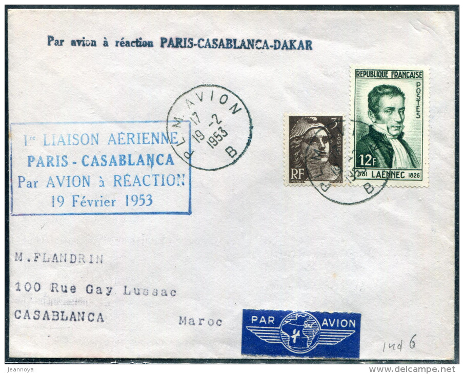 FRANCE - N° 715 + 936 / LETTRE AVION DE PARIS LE 19/2/1953, 1ére LIAISON PARIS CASABLANCA PAR AVION A REACTION - SUP - Primeros Vuelos