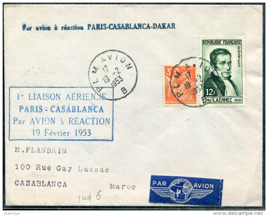 FRANCE - N° 655 + 936 / LETTRE AVION DE PARIS LE 19/2/1953, 1ére LIAISON PARIS CASABLANCA PAR AVION A REACTION - SUP - Premiers Vols
