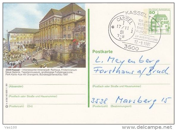 KASSEL CITY HALL, PC STATIONERY, ENTIER POSTAL, 1981, GERMANY - Illustrated Postcards - Used