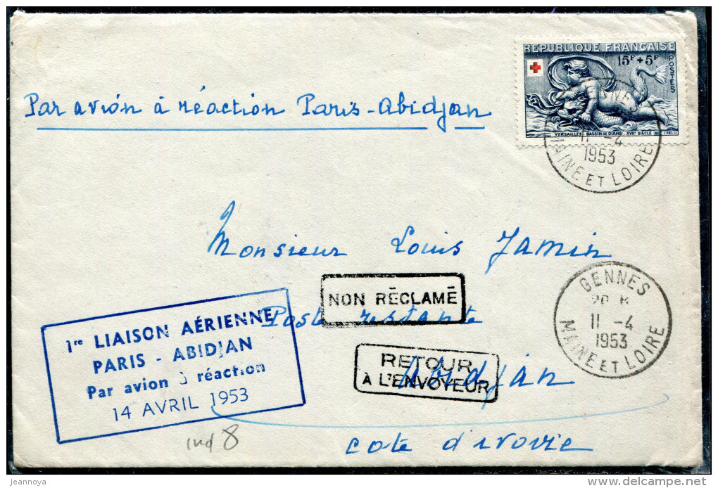 FRANCE - N° 938 / LETTRE AVION DE GENNES LE 11/4/1953, 1ére LIAISON PARIS ABIDJAN PAR AVION A REACTION - SUP - Primeros Vuelos