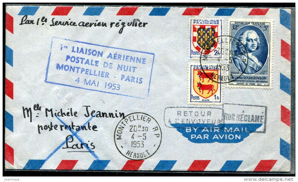 FRANCE - N° 901 + 902 + 940 / LETTRE AVION DE MONTPELLIER 4/5/1953, 1ére LIAISON DE NUIT MONTPELLIER PARIS - TB - Premiers Vols