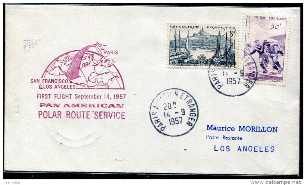 FRANCE - N° 1037 + 1072 / LETTRE AVION DE PARIS LE 14/9/1957, 1ére VOL PARIS LOS ANGELES PAR LE PÔLE - TB - Primeros Vuelos
