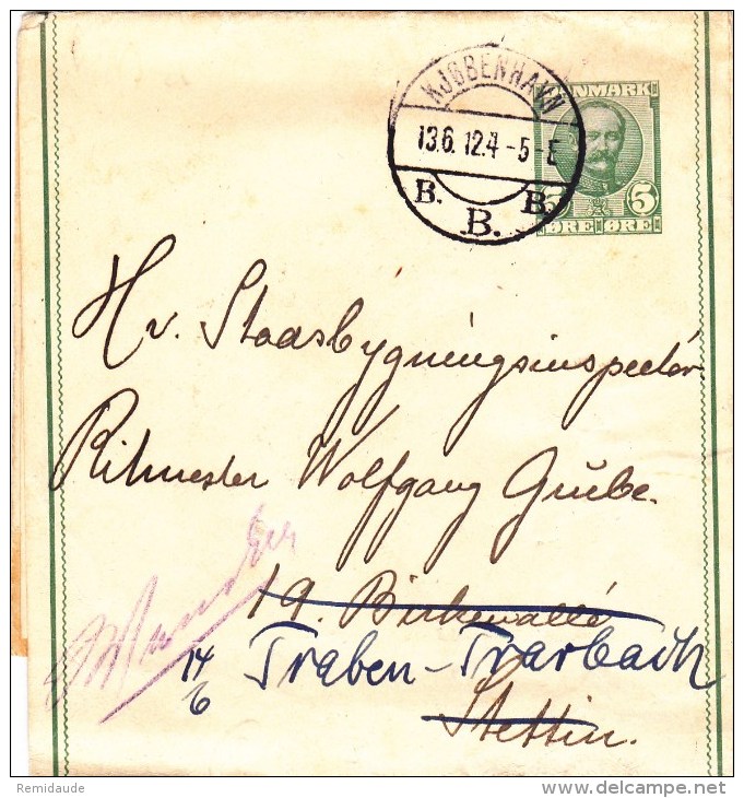 DANMARK - 1912 - BANDE-JOURNAL ENTIER De COPENHAGUE Pour STETTIN (ALLEMAGNE) - Postal Stationery