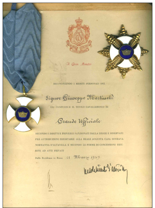 ORDER OF THE NORMAN CROWN OF ALTAVILLA GRAND OFFICIER W/ DIPLOME - Italie