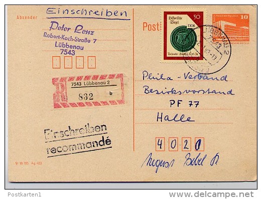 DDR P86 II Postkarte EINSCHREIBEN Lübbenau- Halle 1989 - Postcards - Used