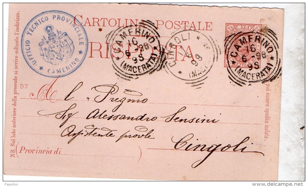 1898   CARTOLINA CON ANNULLO   CAMERINO   MACERATA + CINGOLI - Entero Postal