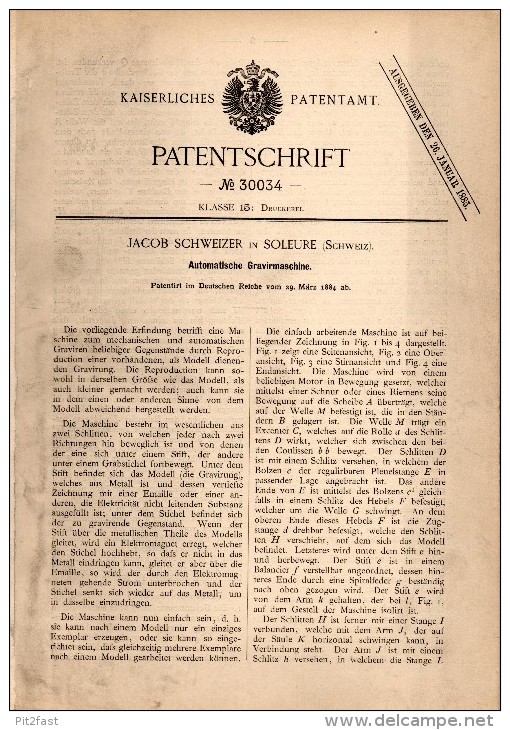 Original Patent - Jacob Schweizer In Soleure / Solothurn , 1884 , Automatische Graviermaschine , Gravur , Druckerei !! - Machines