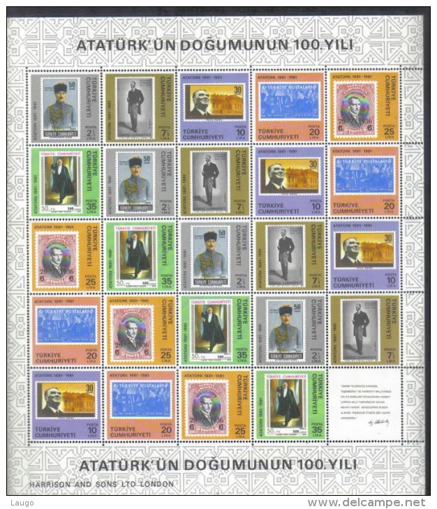 Turkey Mi 2551-2556 Ataturk Birthday , Full Sheet Of 24 + Label 1981 MNH RARE - Nuovi