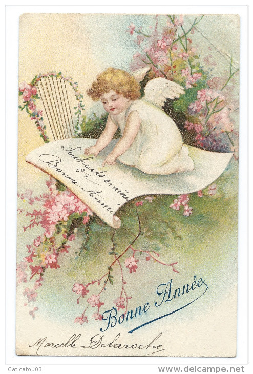 Jolie Carte Chromo  - Ange - Angelot Posé Sur Une Feuille De Papier Sur Une Branche D'arbre En Fleurs - "Bonne Année" - Anges