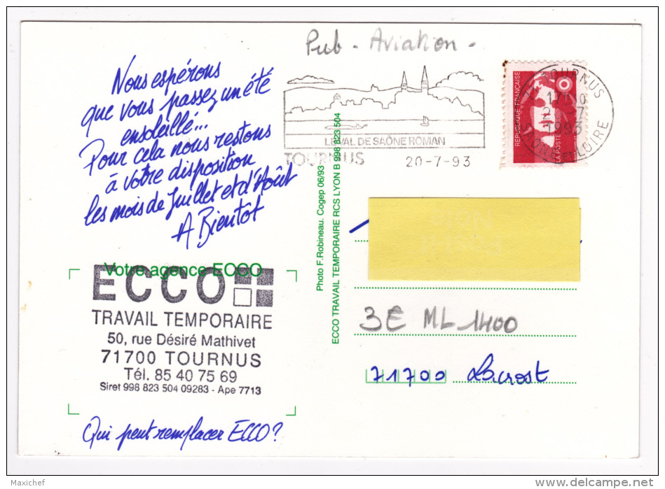 La Patrouille ECCO (formation En Plein Vol) - Carte Publicitaire, Agence De Tournus (71) - Circulé 1993 - 1946-....: Moderne