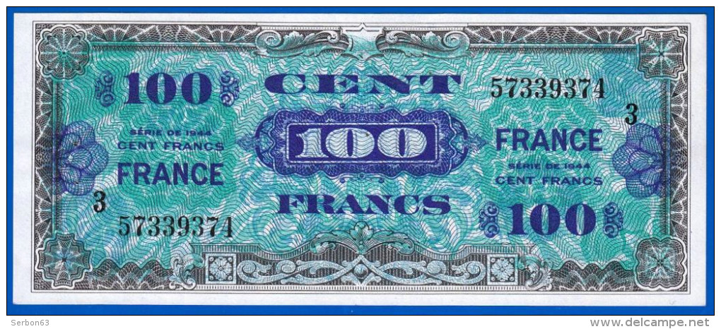 100 FRANCS VERSO FRANCE 4 JUIN 1945 N° 57339374 SERIE N°3 LES BILLETS DU TRESOR VENDU EN L'ETAT IMPRESSION AMERICAINE - 1945 Verso France