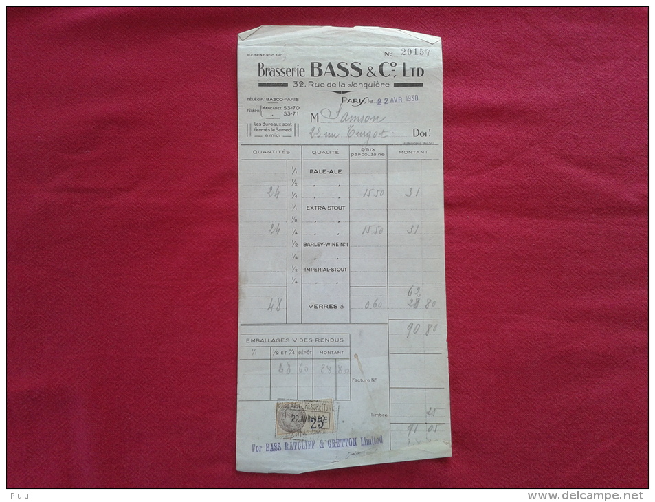 BRASSERIE BASS  & CIE LTD À PARIS (75000). FACTURE DATÉE 1930. - Alimentaire