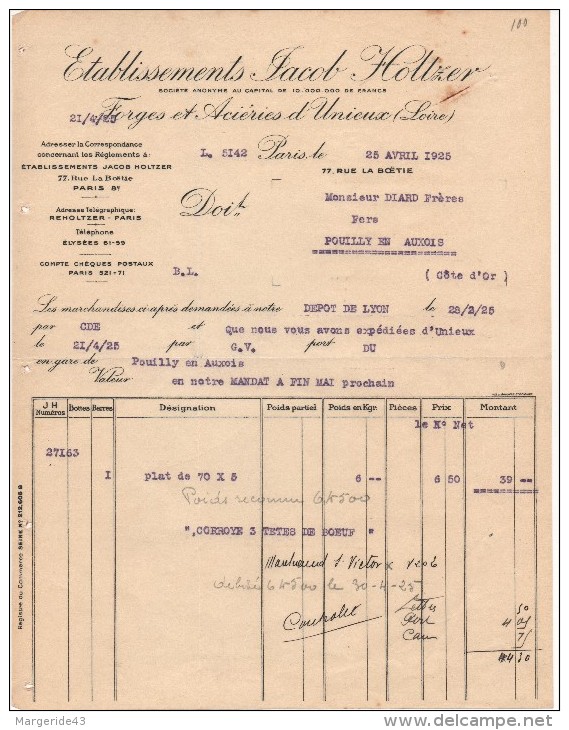 FACTURE Ets JACOB HOLTZER FORGES ET ACIERIES D'UNIEUX (LOIRE) 1925 - 1900 – 1949