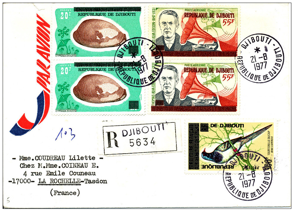 Djibouti 1977  ( Lettre Recommandée Avec 5 Valeurs  Surchargées Thème Coquillages - Oiseau -  Edison )  Peu Commun - Conchiglie