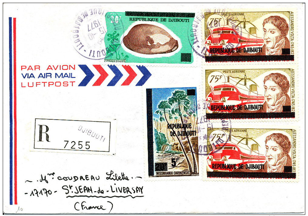 Djibouti 1977  ( Lettre Recommandée Avec 5 Valeurs  Surchargées Thème Coquillage - Arbre - A.Volta)  Peu Commun - Elektrizität