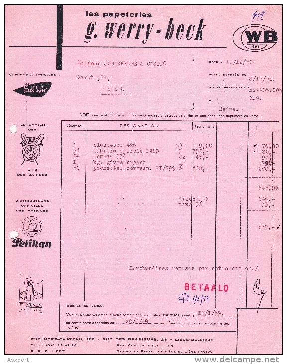 Papeteries Werry - Beck -  Distributeur Officiel De "PELIKAN"  Rue Hors-Château, 128 Liège > Peer 1958 - 1950 - ...