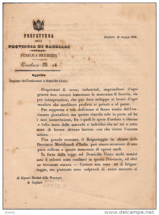 PREFETTURA PROVINCIA CAGLIARI SARDEGNA CONDANNATI DOMICILIO COATTO 1864 - Documenti Storici