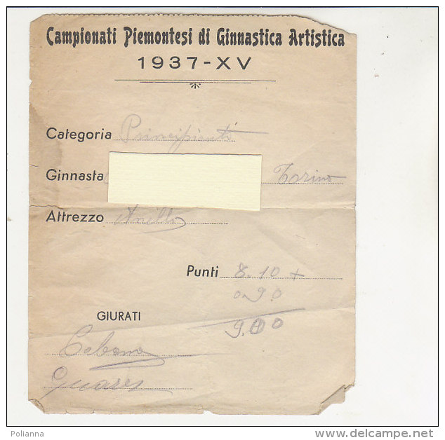PO5493C# Campionati Piemontesi Ginnastica Artistica 1937 - ATTREZZO : ANELLI Con Punteggio - Documento Gara - Gymnastiek