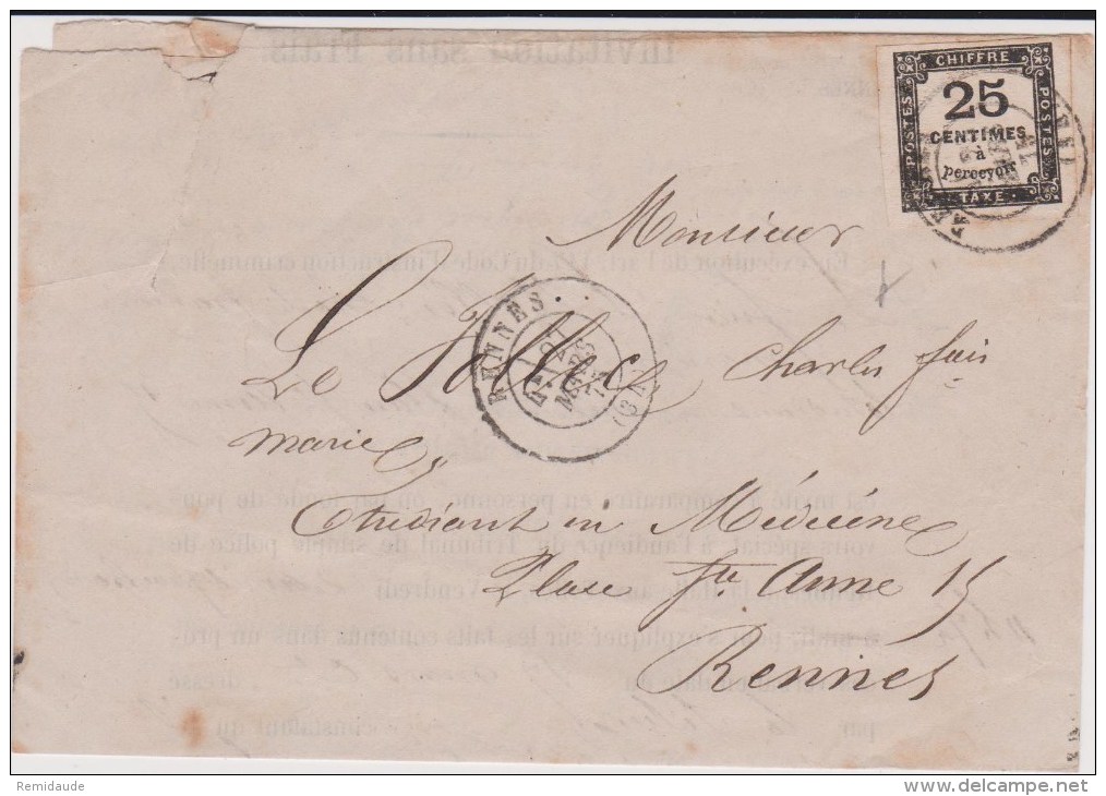 1875 - LETTRE Avec TAXE 25c (TYPE 1) De RENNES (ILLE ET VILAINE) - MARGES SUPERBES - 1859-1959 Briefe & Dokumente