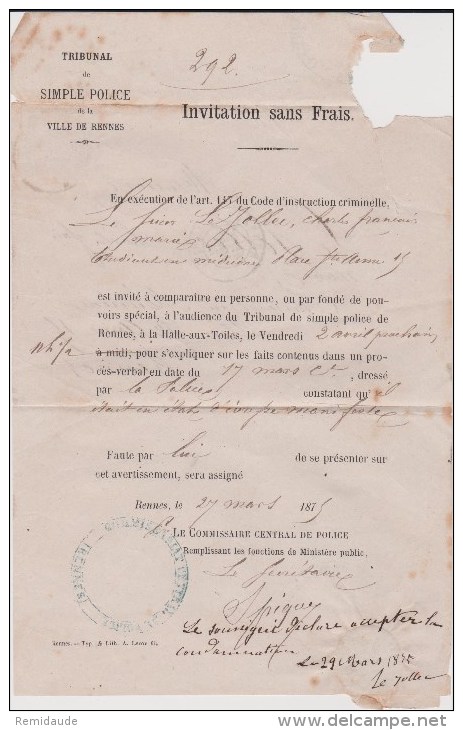 1875 - LETTRE Avec TAXE 25c (TYPE 1) De RENNES (ILLE ET VILAINE) - MARGES SUPERBES - 1859-1959 Briefe & Dokumente