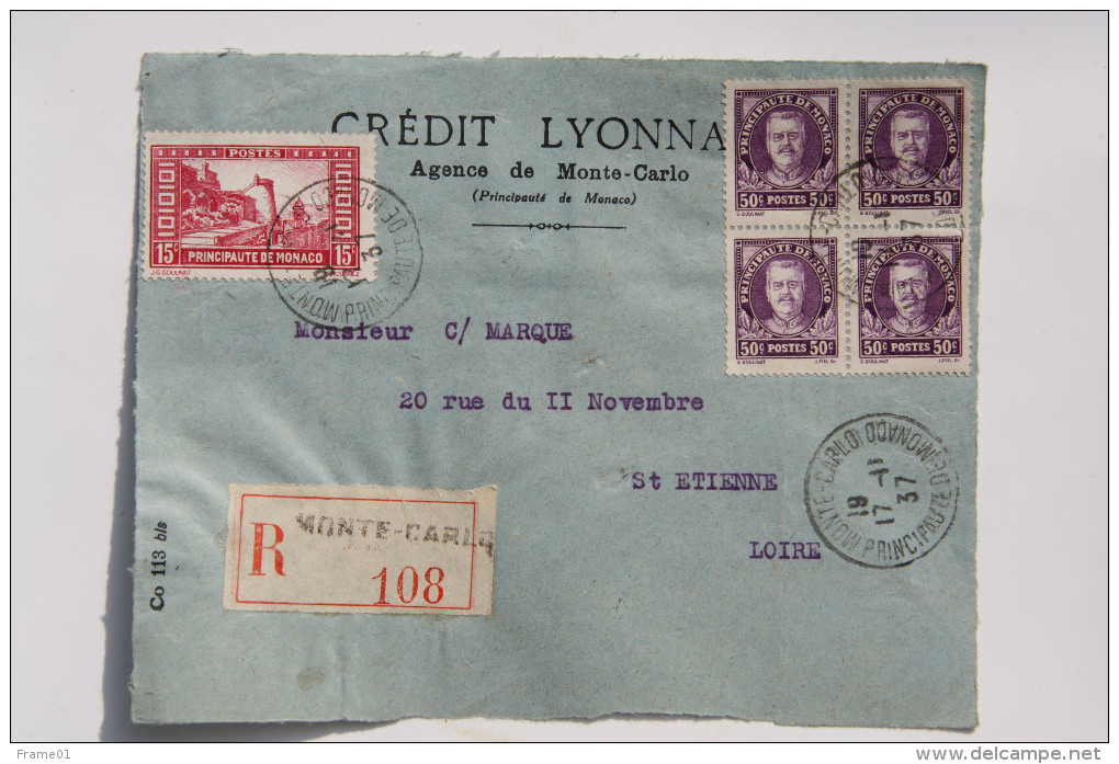Monaco - Devant Lettre Recommandé 1937 Monte-Carlo --> St Etienne, Affr. 2 F 15 YT 116 Bloc De Quatre Et 119 - Covers & Documents