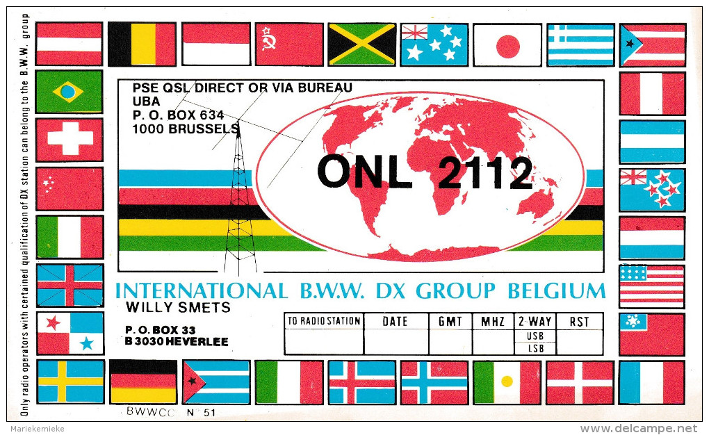 QSL COLLECTOR CARD INTERNATIONAL B.W.W. DX GROUP CLUBCARD BWWCC # 51 " ONL 2112 " HEVERLEE - BELGIUM - Autres & Non Classés