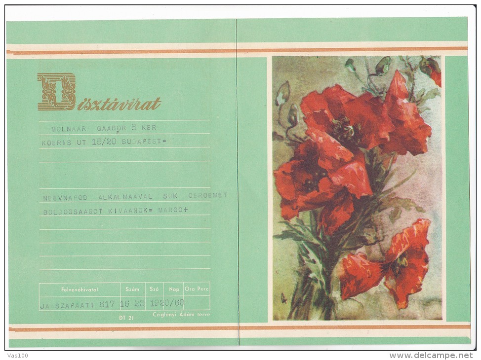 FLOWERS, ENVELOPED TELEGRAMME, VERY RARE, 1950, CODE DT 2021, SPECIAL ENVELOVE - Télégraphes