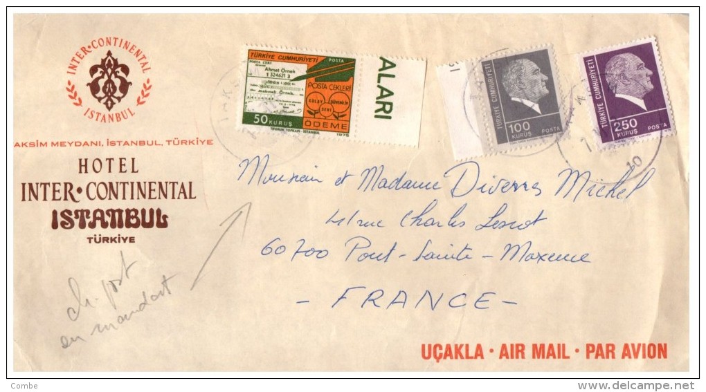 1977, DEVANT DE LETTRE TURQUIE, AIR MAIL, ISTAMBUL  Pour La FRANCE, HOTEL INTERCONTINENTAL    / 5605 - Brieven En Documenten