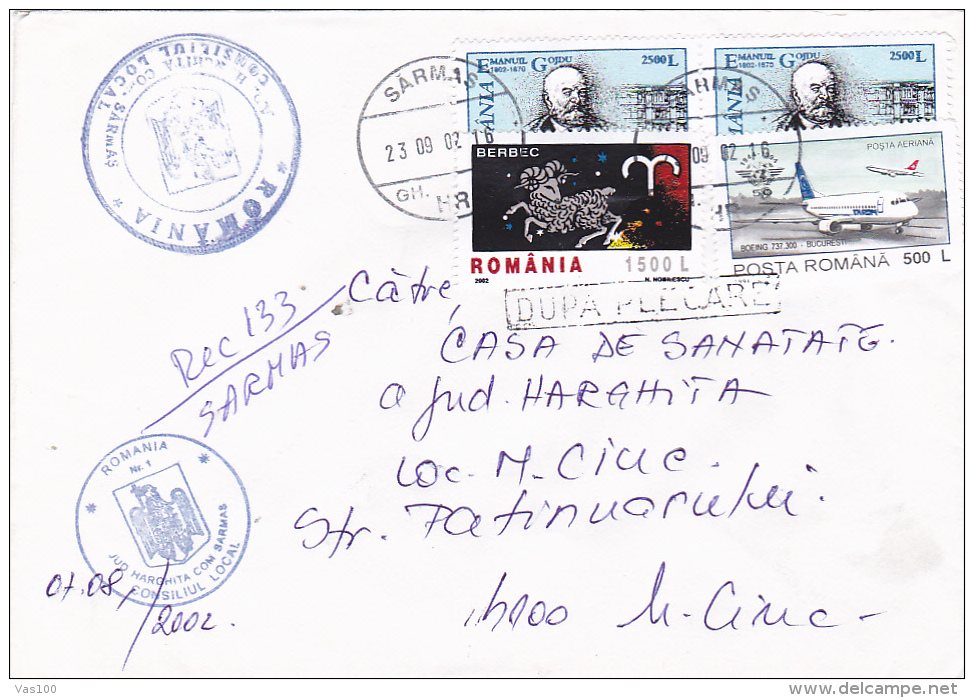 EMANUIL GOJDU, PLANE, HOROSCOPE, STAMPS, ON PAIR, REGISTERED ON COVER, 2002, ROMANIA - Covers & Documents