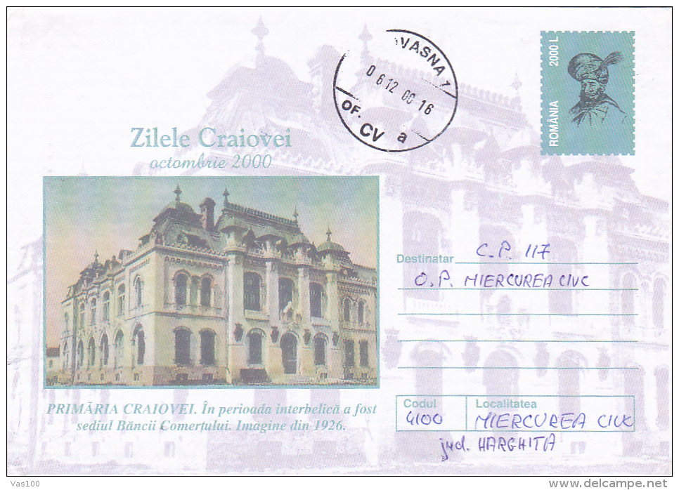 ARCHITECTURE, THE CRAIOVA CITY HALL, MIHAI VITEAZU, IMPRINTED POSTAGE, POSTAL STATIONERY, 2000, ROMANIA - Briefe U. Dokumente