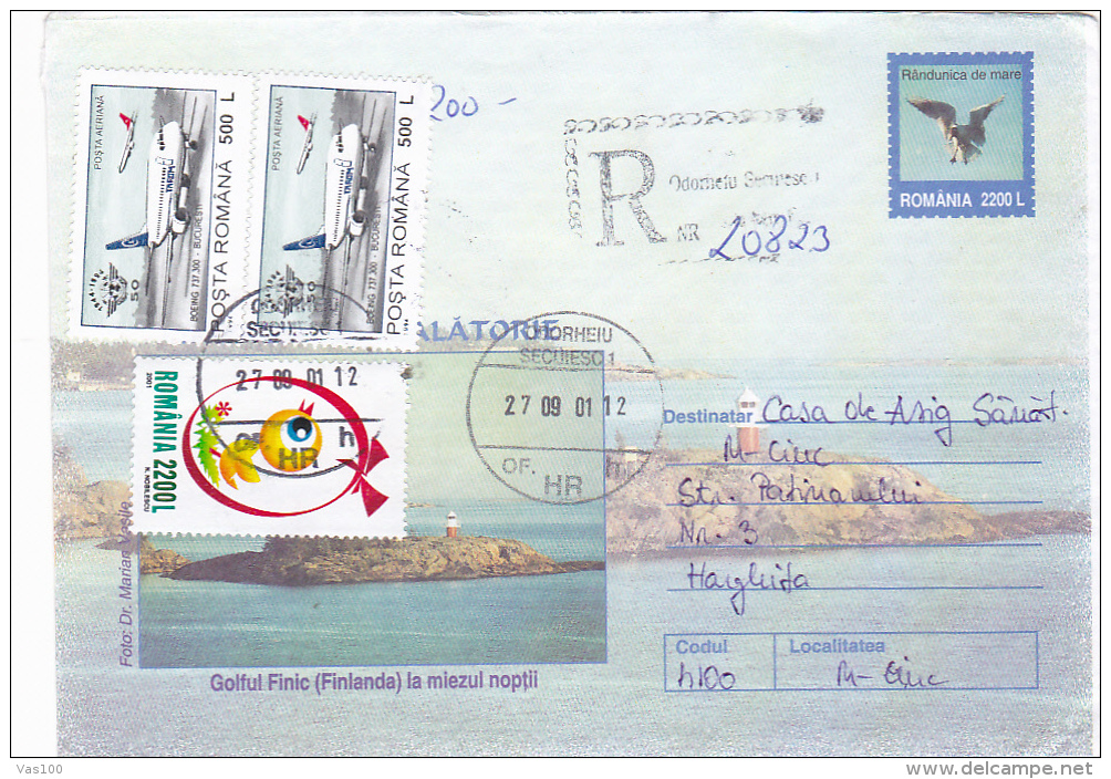 PLANE, CHICKEN, STAMPS ON PAIR,  POSTAL STATONERY,  IMPRINTED POSTAGE BIRD, 2001, ROMANIA - Covers & Documents