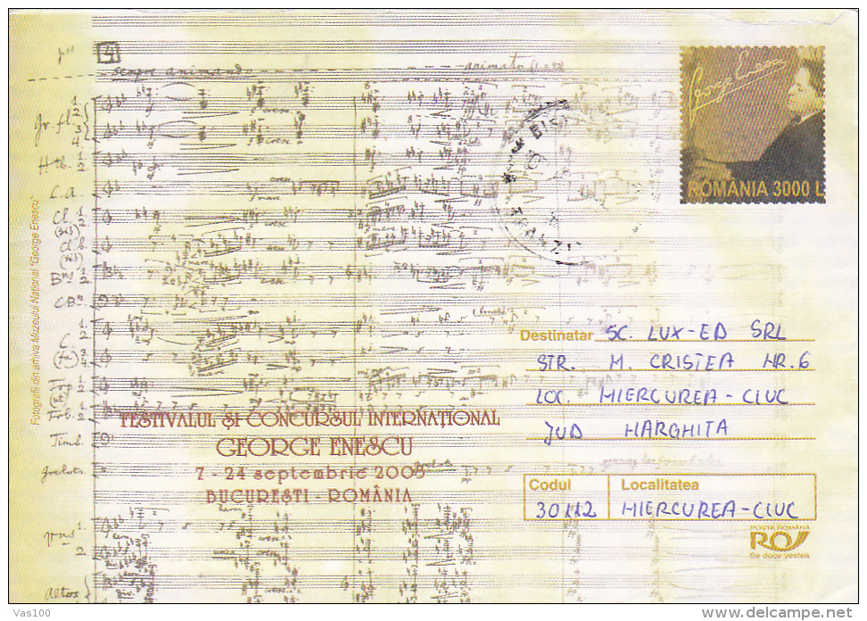 GEORGE ENESCU, ROMANIAN MUSICIAN AND COMPOSER, POSTAL STAIONERY, IMPRINTED POSTAGE, 2003, ROMANIA - Covers & Documents