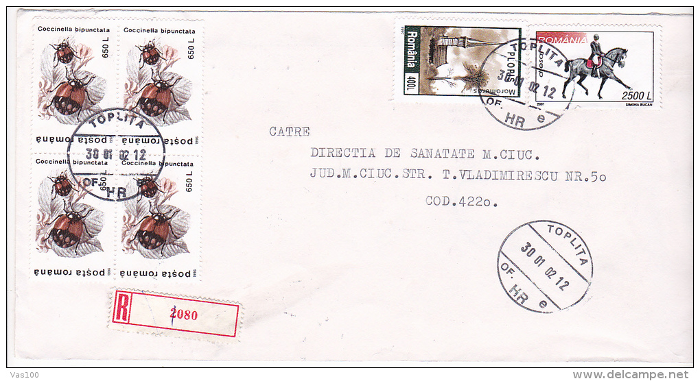 HORSE RIDER, CHURCH, STAMPS, REGISTERED ON COVER, 2002, ROMANIA - Lettres & Documents